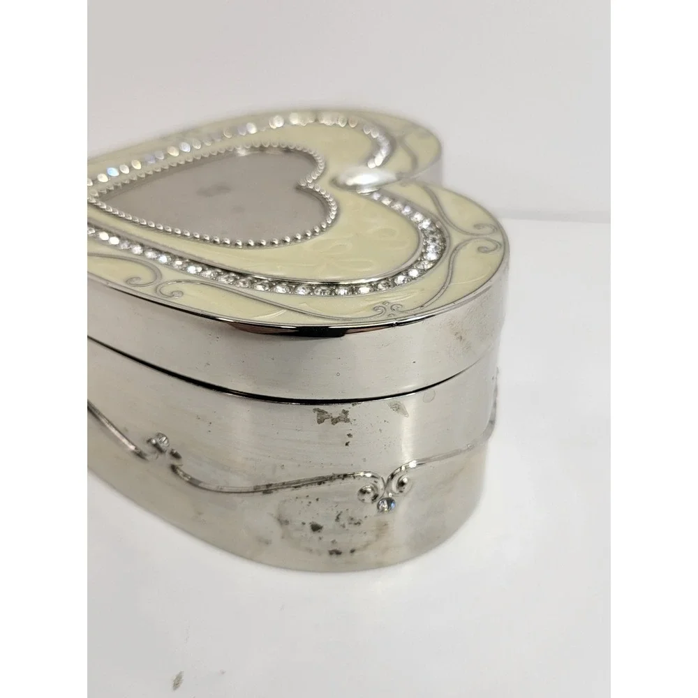 Things Remembered Heart Jewelry Box Silver Tone Rhinestone Enamel Photo Lid